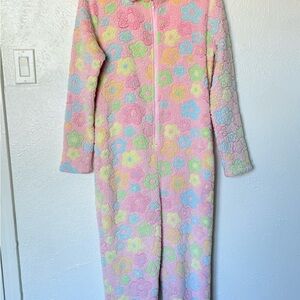 Kids Floral Pastel Fleece Zip-Up bodysuit pajamas size XL (10/12)